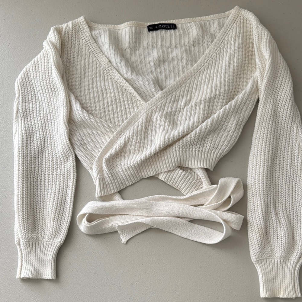 Zaful Cream Wrap Knit Blouse